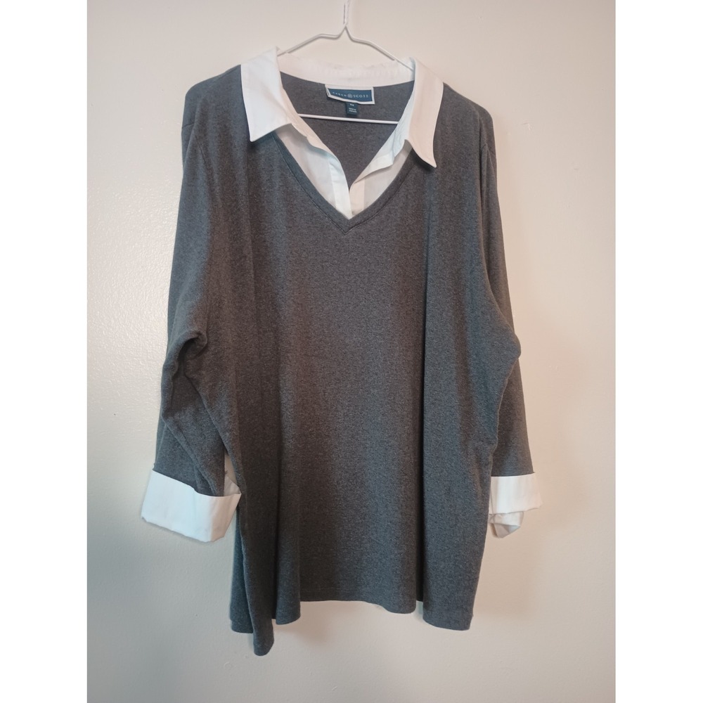 Karen Scott Plus Sz 2X Grey Faux Layered 2-in-1 Sweater Top White Collar Cotton
